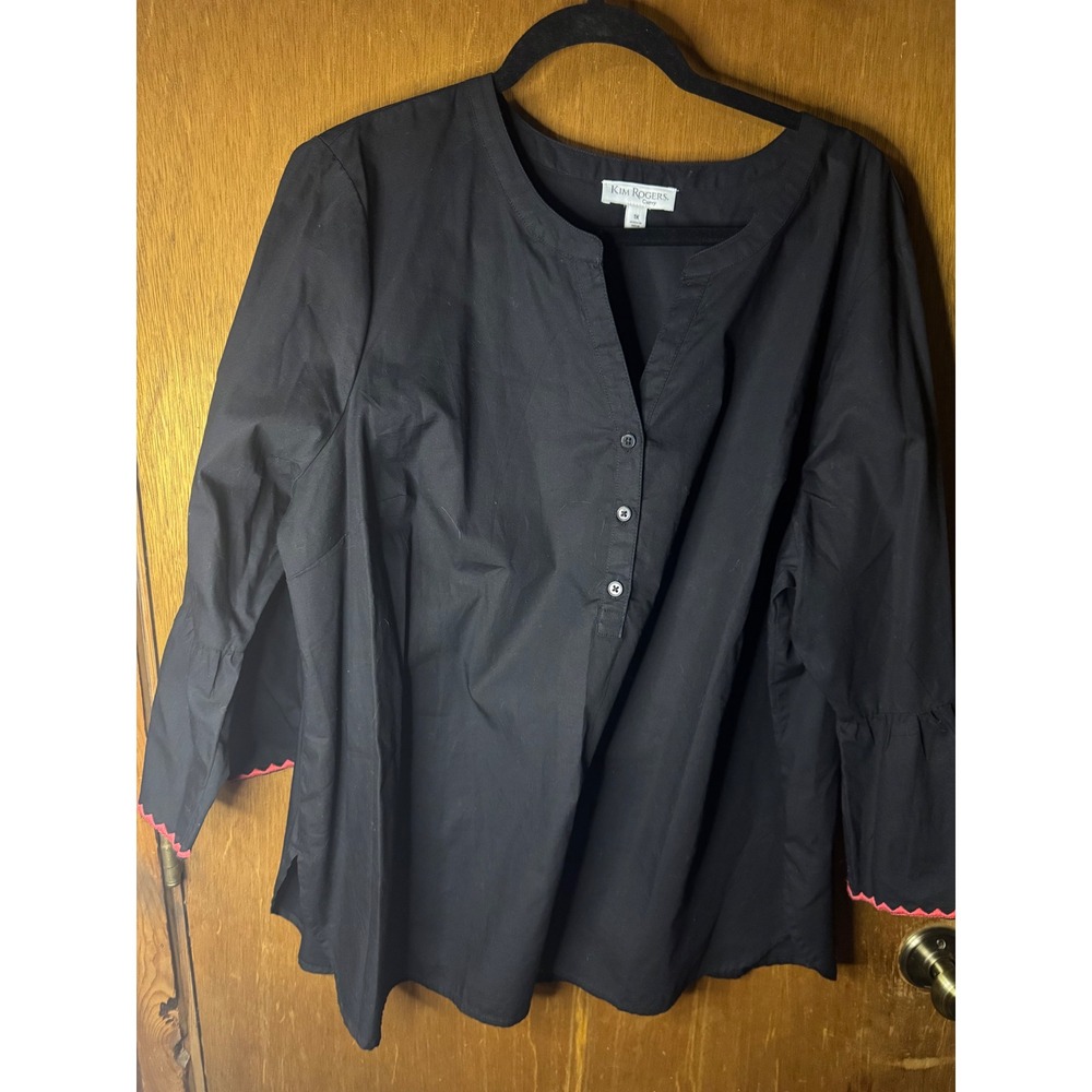 Kim Rogers Curvy Womens 1X Black Poplin Blouse Red Ric Rac Trim Bell Sleeve Top